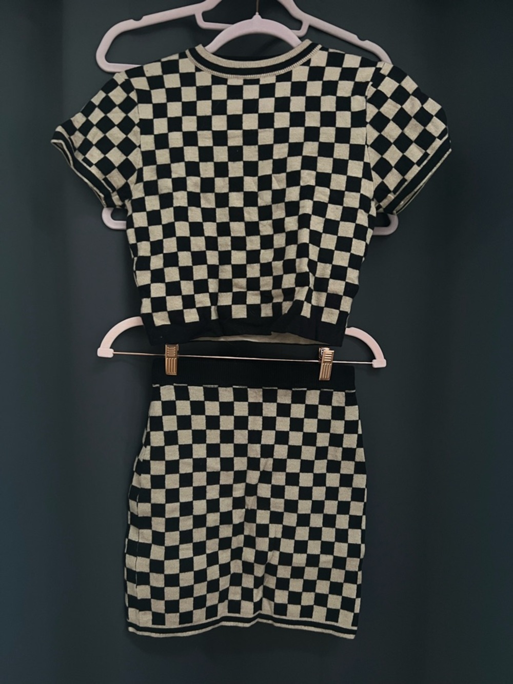 Motel Rocks; Black and Beige Checkerboard Knit Crop Top & Skirt Set